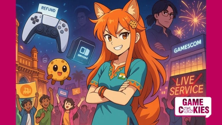 Game Cookies newsletter artwork on India’s gaming expansion, easier refund policies, and Gamescom 2025 record attendance