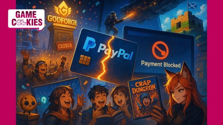 Game Cookies newsletter artwork on payment wars in gaming, $14M fan funding, and Crap Dungeon controversy