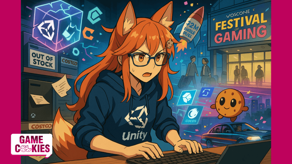Anime screencap-style collage featuring Kiki dressed as a programmer with cracked Unity code, an Xbox shelf marked out of stock, GDC’s Festival banner, a rocket labeled $2M for indies, and a GTA RP getaway car — symbolizing today’s Game Cookies Daily Report.
