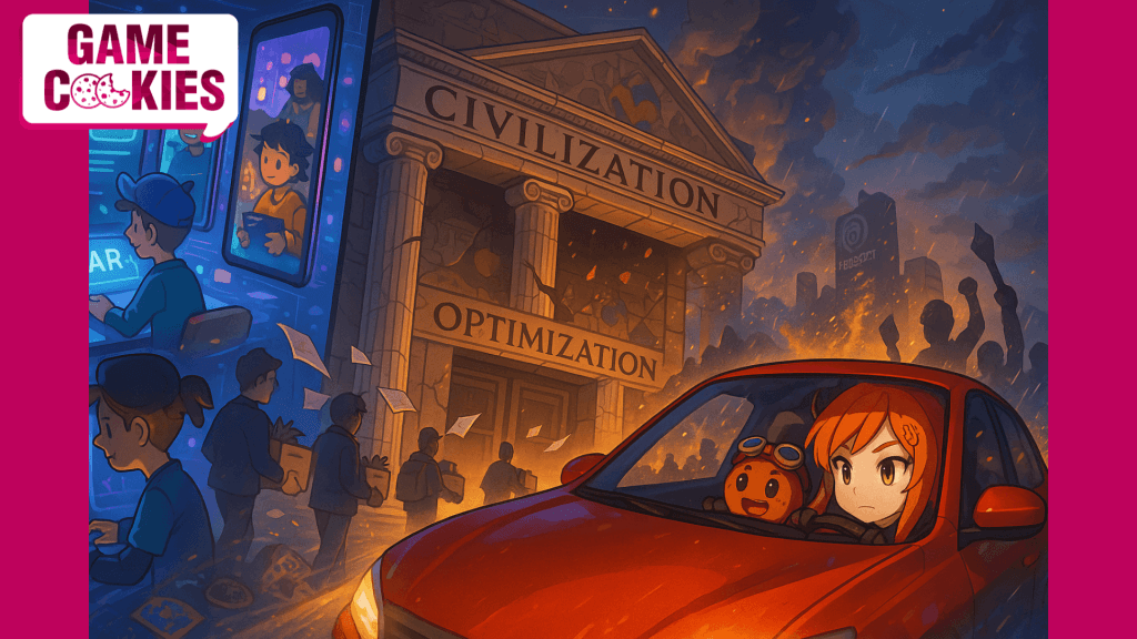 Game Cookies newsletter illustration on Roblox AI tools, Firaxis layoffs, and Ubisoft’s The Crew revival