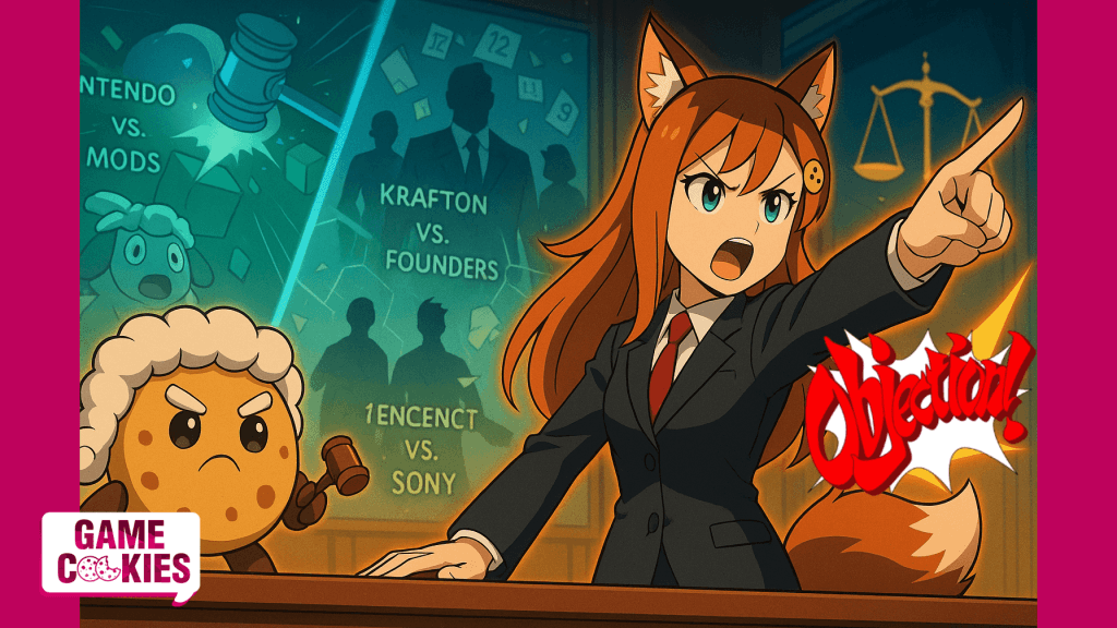 Game Cookies newsletter artwork on Nintendo’s battle against mods, Krafton founder disputes, and Tencent vs Sony rivalry