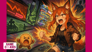 Anime-style collage showing Nintendo controversies (patents, overpriced games, encrypted ports) with Kiki the fox-girl ranting furiously and Chip the cookie mascot glaring in anger.