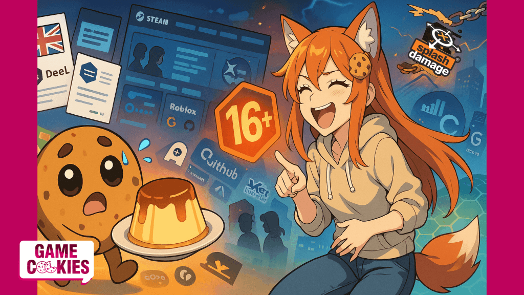 Anime-style illustration of Kiki laughing while Chip holds a flan, surrounded by symbolic elements from today’s gaming news.