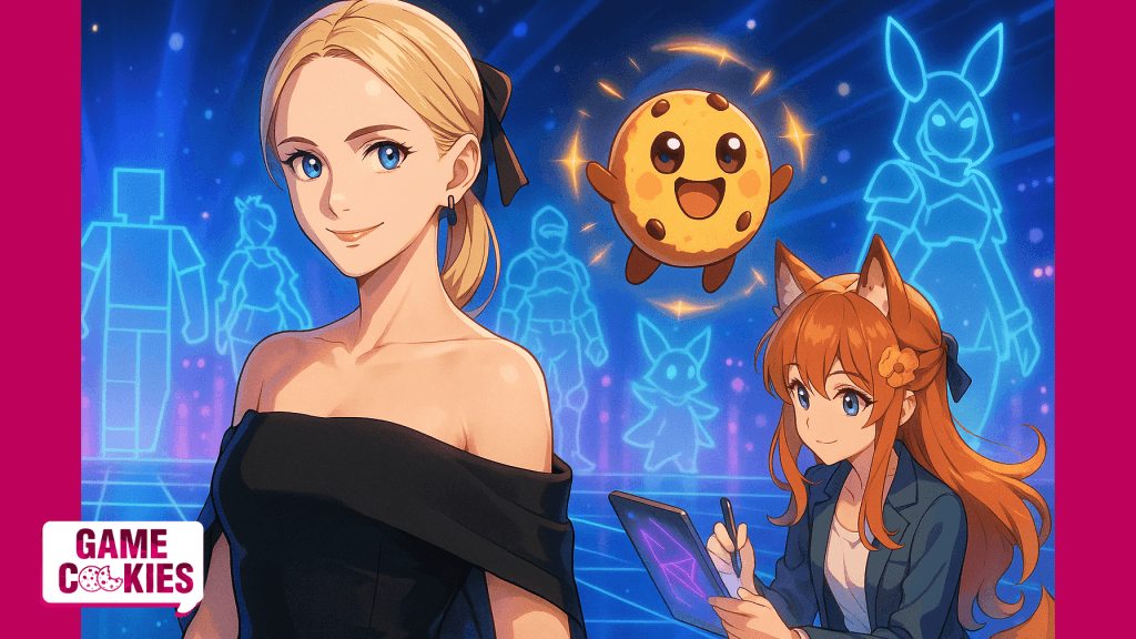 Anime-style illustration of Louise Laing standing in the foreground with Kiki sketching on a holographic tablet and Chip floating cheerfully beside her, symbolizing the crossover of fashion and gaming for Game Cookies Dialogz.