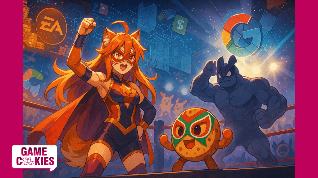 Anime-style illustration of Kiki in a lucha libre mask and costume alongside Chip in a tiny Mexican luchador mask, facing off against a shadowy four-armed wrestler in a ring, surrounded by gaming industry symbols.