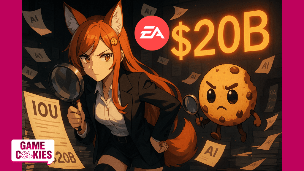 Anime-style screencap illustration of Kiki as an inspector with a magnifying glass examining glowing $20B IOU documents, while Chip, a floating cookie with stubby arms and legs, also analyzes a slip labeled “AI” in a dark corporate office.