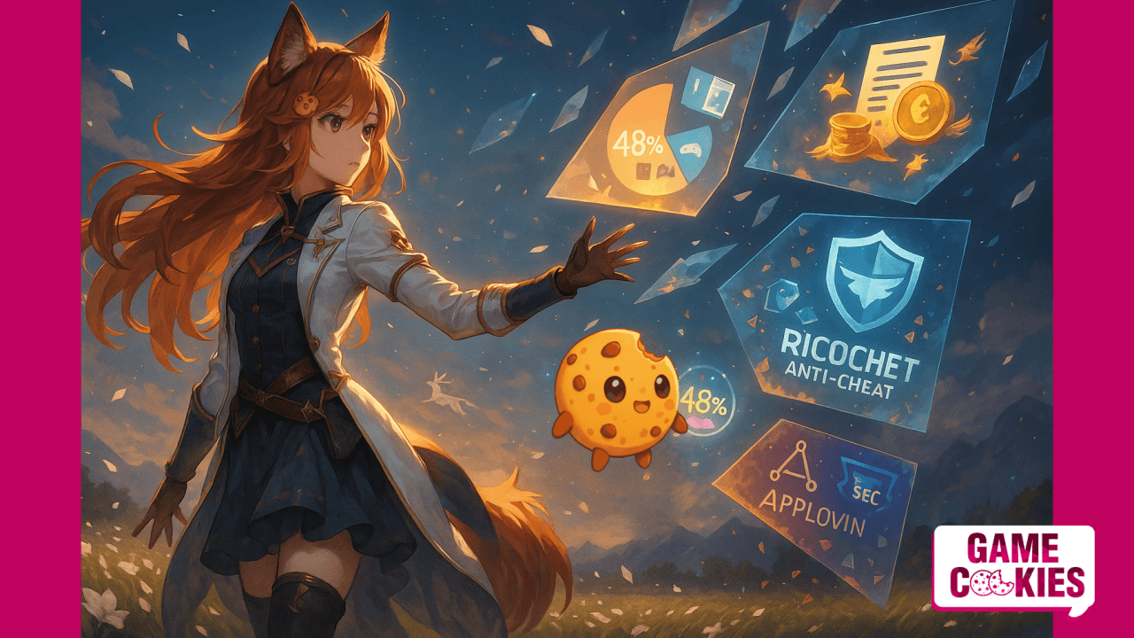 Anime-style digital illustration of Kiki, a fox-girl with long orange-red hair and fox ears, wearing a white and navy Expedition 33–inspired outfit. She stands in a twilight field of white petals, reaching toward glowing holographic shards in the air showing “48%,” “RICOCHET Anti-Cheat,” “AppLovin,” and golden coins. Beside her floats Chip — a small, round chocolate chip cookie character with a bite mark, stubby arms and legs, and glowing crumbs orbiting him. A white mount gallops in the distant background under a golden-violet sky.