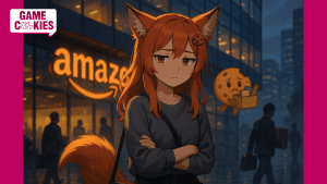 Kiki, the Game Cookies fox-girl mascot, stands outside a dimly lit corporate building resembling Amazon headquarters at dusk, looking disappointed as employees leave carrying boxes while Chip floats beside her holding a tiny cardboard box.