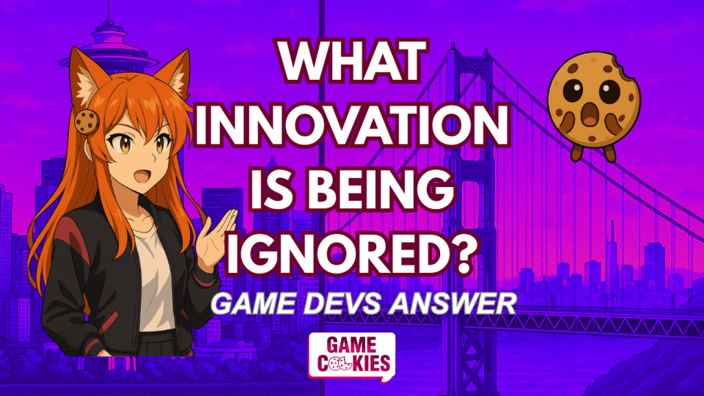 YouTube thumbnail for Game Cookies Dialogz Part 2: “What Innovation Is Being Ignored?” Features Kiki in her gamer outfit raising her hand while speaking, and Chip reacting with surprise. Neon city skyline background with bold white and purple text.