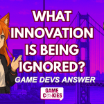 YouTube thumbnail for Game Cookies Dialogz Part 2: “What Innovation Is Being Ignored?” Features Kiki in her gamer outfit raising her hand while speaking, and Chip reacting with surprise. Neon city skyline background with bold white and purple text.