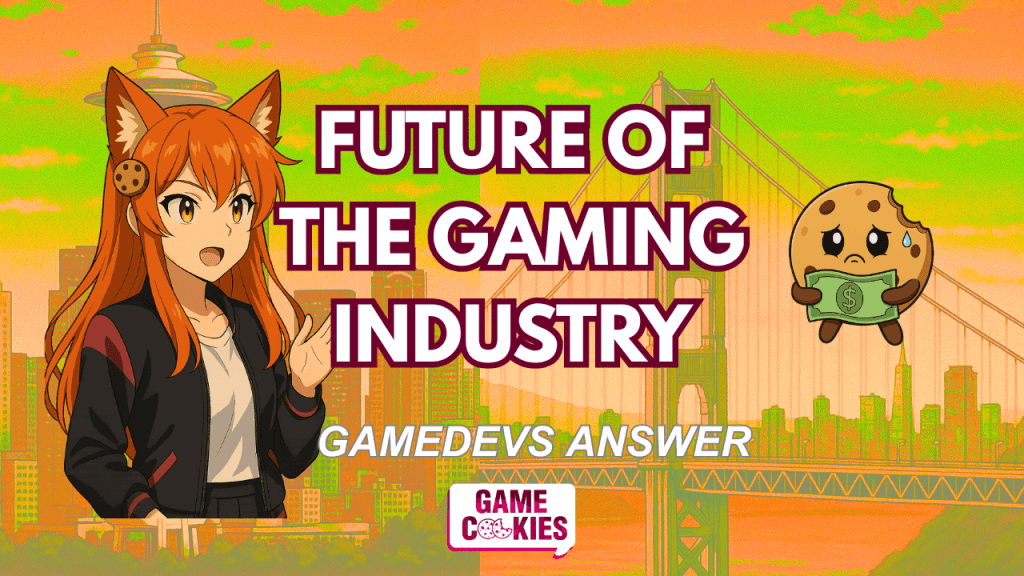 YouTube thumbnail for Game Cookies Dialogz Part 3: “Future of the Gaming Industry.” Features Kiki presenting with a confident pose and Chip holding money nervously. Background shows city skyline at sunset with bold headline text.