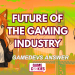 YouTube thumbnail for Game Cookies Dialogz Part 3: “Future of the Gaming Industry.” Features Kiki presenting with a confident pose and Chip holding money nervously. Background shows city skyline at sunset with bold headline text.