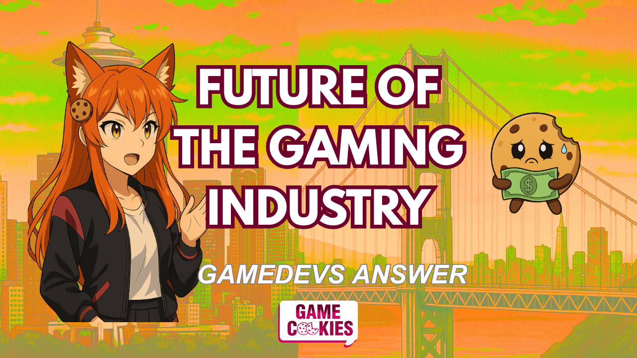YouTube thumbnail for Game Cookies Dialogz Part 3: โFuture of the Gaming Industry.โ Features Kiki presenting with a confident pose and Chip holding money nervously. Background shows city skyline at sunset with bold headline text.