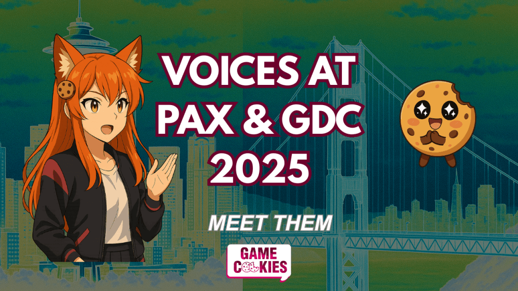 YouTube thumbnail for Game Cookies Dialogz Part 1: “Voices at PAX & GDC 2025.” Features Kiki, the fox-girl mascot, gesturing with a hand as if introducing guests, and Chip the cookie mascot smiling with sparkly eyes. City skyline and bridge in the background with bold text.