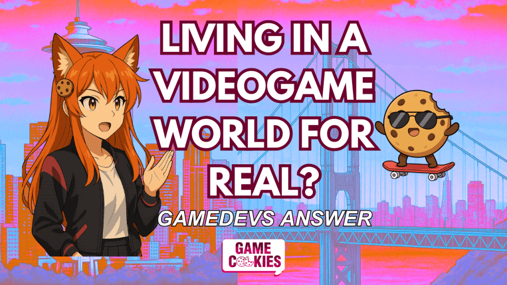 YouTube thumbnail for Game Cookies Dialogz Part 4: “Living in a Videogame World for Real?” Features Kiki speaking with excitement and Chip wearing sunglasses while skateboarding. Bright colorful city skyline background with bold playful text.