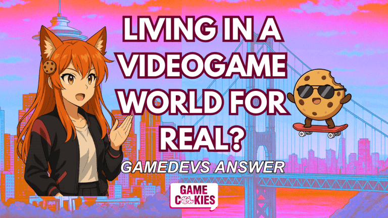 YouTube thumbnail for Game Cookies Dialogz Part 4: “Living in a Videogame World for Real?” Features Kiki speaking with excitement and Chip wearing sunglasses while skateboarding. Bright colorful city skyline background with bold playful text.