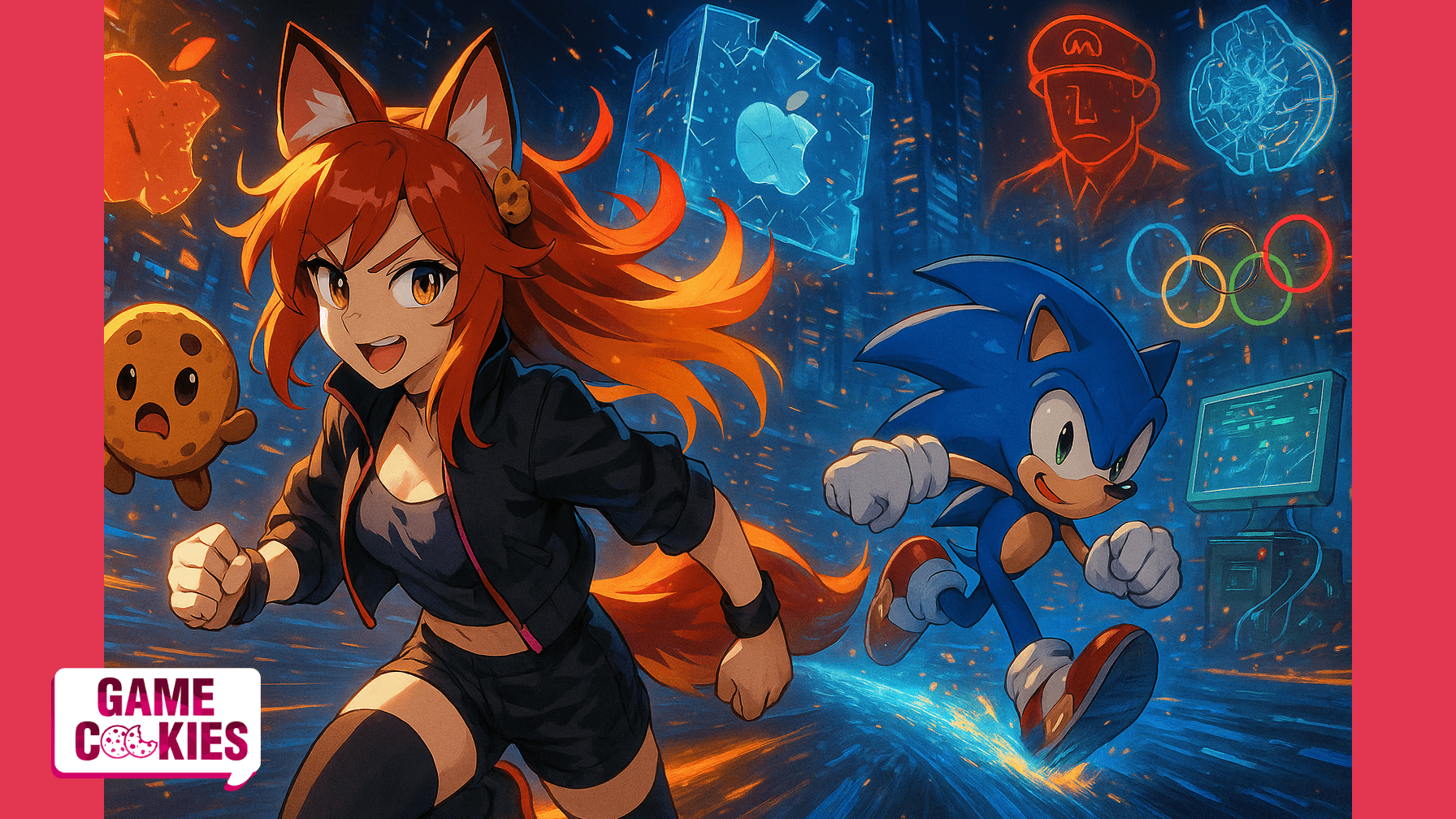 Anime-style illustration of Kiki, the orange-red haired fox girl, racing at full speed beside Sonic the Hedgehog through a glowing neon data highway. Around them, holographic fragments form a collage of gaming chaos — broken Apple and Google logos, a cracked Unity cube, a red courtroom with a Mario hat silhouette, a floating AI brain with Tesla-like wires, glowing Olympic rings, and a tiny glowing $100 PC. Chip, her floating cookie companion, hovers near her shoulder with a shocked expression. The scene is vibrant, cinematic, and fast-paced, symbolizing rebellion and disruption in the gaming world.