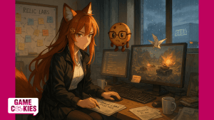 Kiki, a fox-eared woman with orange-red hair, works late at her desk in a cluttered studio labeled “Relic Labs,” analyzing data beside her floating cookie companion Chip as rain falls outside a window showing a SEGA truck.