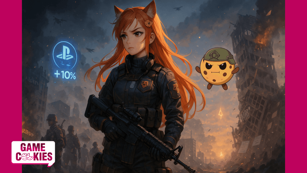 Anime-style digital illustration of Kiki from Game Cookies dressed as a modern soldier on a smoky battlefield. She wears navy-gray tactical armor with fox insignias, holds a rifle, and stands determined amid destruction. Her long orange-red hair flows behind her, a cookie hairpin visible near her fox ears. Beside her floats Chip, the cute round chocolate chip cookie mascot with a bite mark, stubby limbs, and big glossy eyes. A glowing blue PlayStation “+10%” hologram hovers in the sky, symbolizing the Battlefield 6 XP bonus, with burning ruins and soldiers in the background.