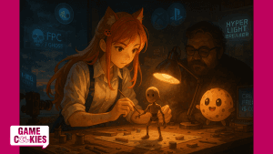 Anime-style digital illustration of Kiki from Game Cookies sitting beside a stylized version of Guillermo del Toro in a warmly lit stop-motion workshop. Kiki, with long orange-red hair and fox ears, adjusts a small clay puppet on a workbench under a golden desk lamp. Chip, the cute cookie mascot, floats near the light like a glowing helper. Around them, holographic fragments show fading symbols of the week’s gaming news — a ghost labeled “FPC / Ghost,” the Hyper Light Breaker logo flickering out, and faint Xbox and PlayStation emblems glowing in the background. The window reveals a dawn sky of violet and gold, symbolizing creativity rising amid industry collapse.