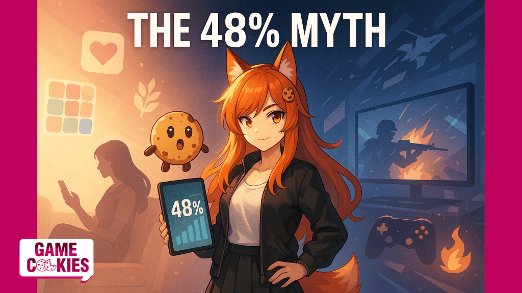Anime-style illustration of Kiki, a confident fox-girl journalist, standing between two contrasting gaming worlds. The left side is warm and bright, showing a woman playing mobile puzzle games, while the right side is dark and intense with a man playing a shooter on PC. Kiki holds a glowing tablet with a “48%” chart, symbolizing the misleading gender parity statistic. Floating beside her is Chip, a shocked cookie mascot with stubby arms and legs, reacting to the data.