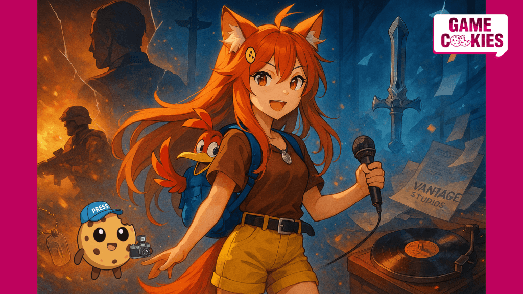 Kiki, a fox-girl reporter dressed as Banjo with Kazooie in a blue backpack, reports with a mic as Chip films; behind them, symbolic nods to CoD/Zampella, Ghost of Yotei, Vantage Studios, and a vinyl labeled “Unshaken – D’Angelo.”