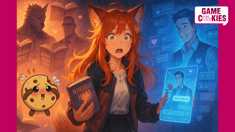 Anime-style illustration of Kiki, a fox-girl journalist, standing between two fantasy worlds. On the left, romance books swirl in pink light with monster silhouettes (orc, dragon, werewolf). On the right, a holographic AI boyfriend reaches out through floating chat windows in cool neon tones. Kiki looks overwhelmed, holding a glowing book and tablet, with Chip floating nearby, flustered. The scene contrasts women’s narrative-driven fantasy with tech-fueled AI romance.