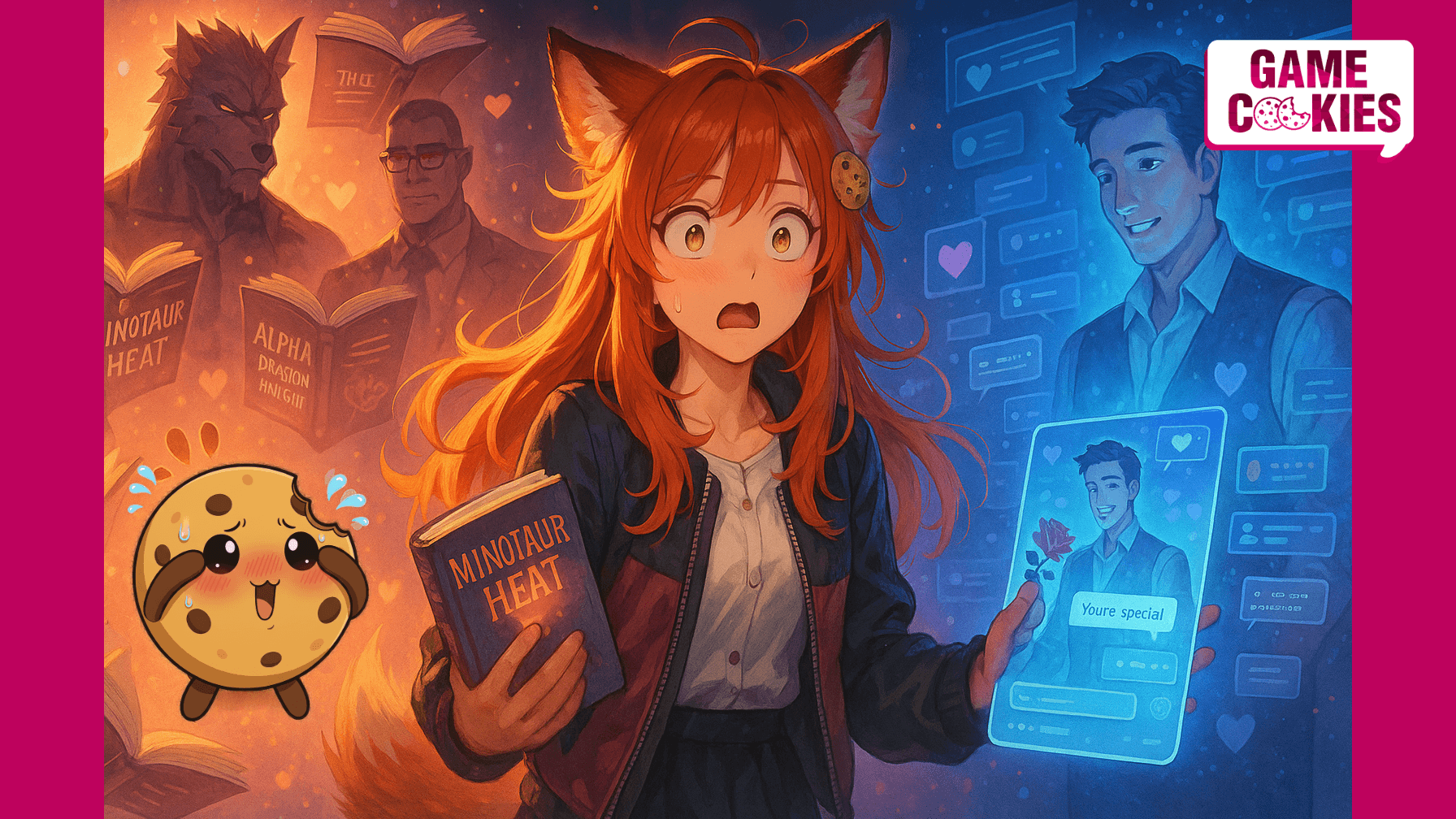 Anime-style illustration of Kiki, a fox-girl journalist, standing between two fantasy worlds. On the left, romance books swirl in pink light with monster silhouettes (orc, dragon, werewolf). On the right, a holographic AI boyfriend reaches out through floating chat windows in cool neon tones. Kiki looks overwhelmed, holding a glowing book and tablet, with Chip floating nearby, flustered. The scene contrasts women’s narrative-driven fantasy with tech-fueled AI romance.