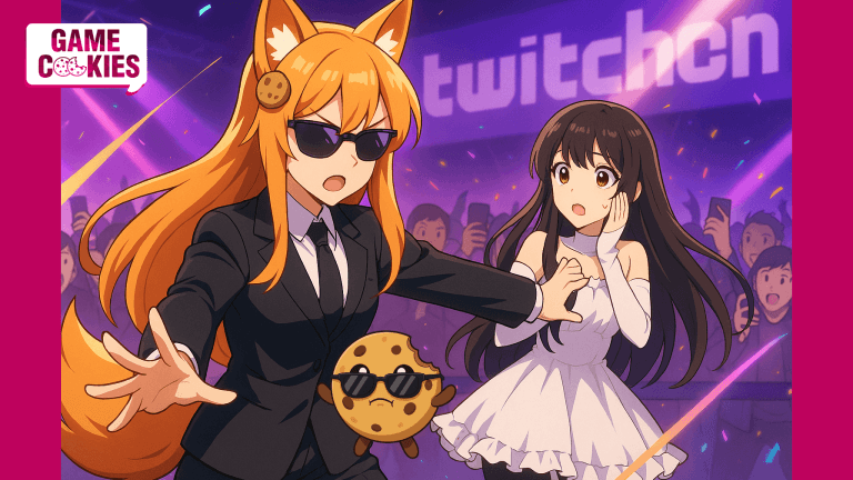 Anime-style illustration of Kiki, the Game Cookies fox-girl, standing protectively in front of a female streamer at a chaotic convention inspired by TwitchCon, under purple and pink lighting.