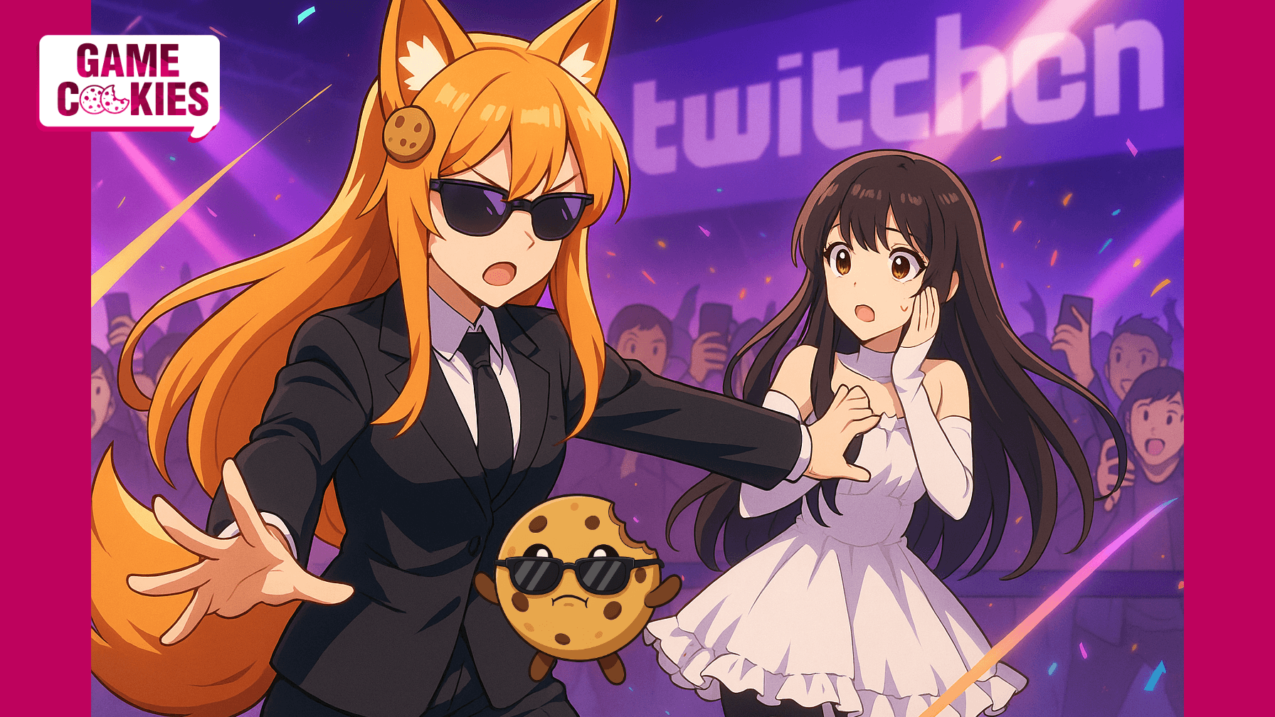 Anime-style illustration of Kiki, the Game Cookies fox-girl, standing protectively in front of a female streamer at a chaotic convention inspired by TwitchCon, under purple and pink lighting.