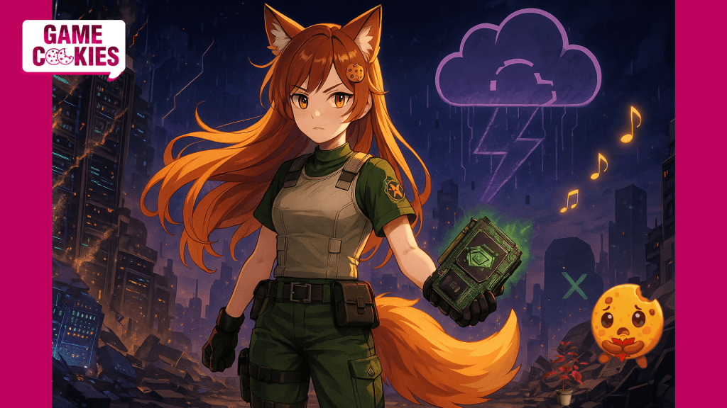 Anime-style illustration of Kiki, a fox-girl in a Rebecca Chambers–inspired tactical outfit, holding a cracked glowing NVIDIA GPU in a collapsing digital city with a massive broken cloud symbolizing an AWS outage.