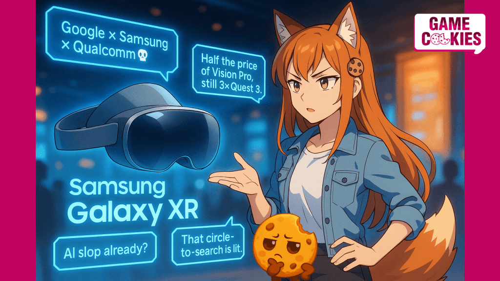 Anime-style illustration of Kiki, a fox girl mascot from Game Cookies, standing in a futuristic expo surrounded by holographic comments while observing a glowing Samsung Galaxy XR headset projection.