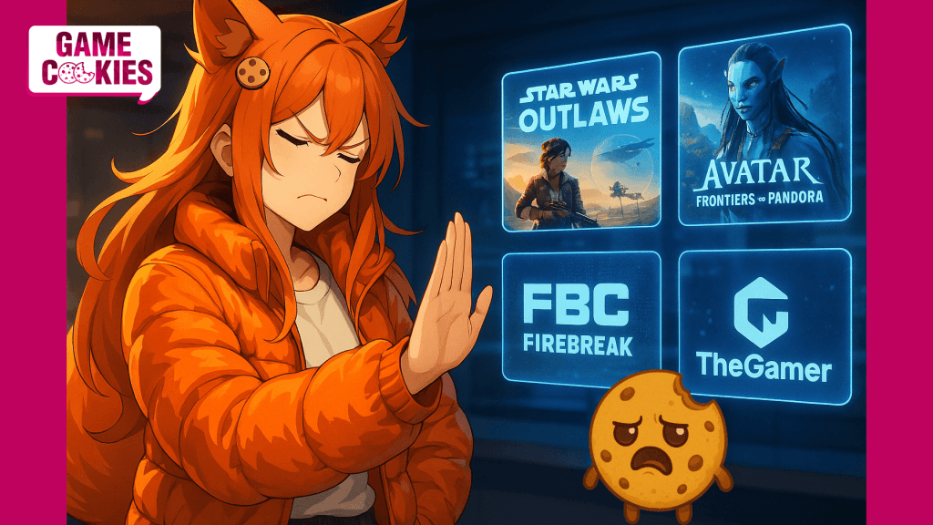 Kiki from Game Cookies, wearing an orange puffer jacket, raises her hand in rejection toward holographic screens showing Star Wars Outlaws, Avatar: Frontiers of Pandora, FBC Firebreak, and TheGamer logos. Chip, the cookie mascot, looks upset beside her.