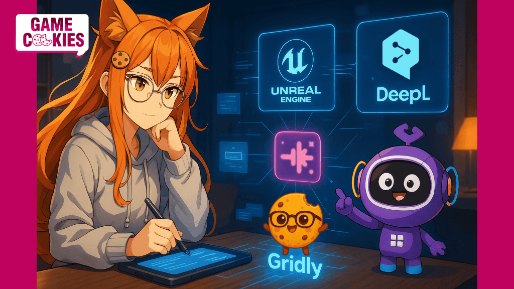 Kiki and Chip study localization workflows beside the Gridly mascot, surrounded by glowing holographic screens showing the Unreal Engine, DeepL, and TranslaStars logos connected to a central Gridly logo. Editorial anime-style illustration for Game Cookies.