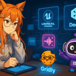 Kiki and Chip study localization workflows beside the Gridly mascot, surrounded by glowing holographic screens showing the Unreal Engine, DeepL, and TranslaStars logos connected to a central Gridly logo. Editorial anime-style illustration for Game Cookies.