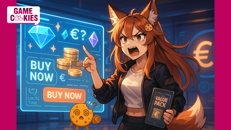 Kiki, the fox-girl mascot of Game Cookies, angrily points at a holographic game store full of fake currencies while Chip floats beside her holding a euro coin.