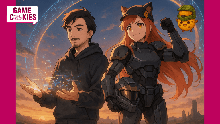 Anime-style cinematic illustration of Juan Guillot Gonzalez standing beside Kiki, a fox-eared woman in Halo-inspired Spartan armor, under a glowing Halo ring at sunset. Juan holds holographic ribbons of code representing creativity, while Kiki salutes heroically with her helmet under one arm. Beside her floats Chip, a small cookie mascot wearing a mini Master Chief helmet, glowing warmly. The scene is painted in a cinematic anime style with orange and blue lighting.