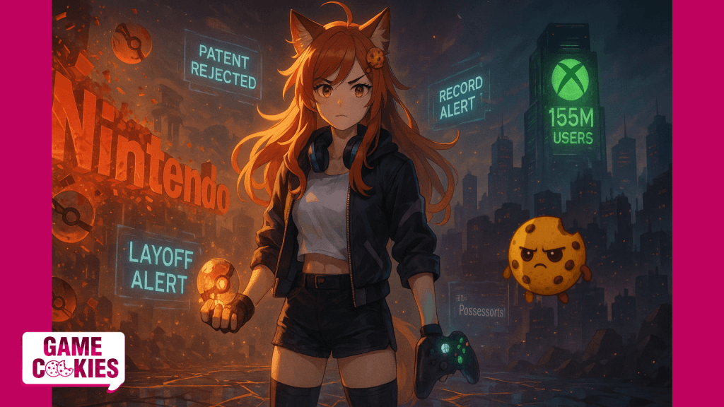 Anime-style digital painting of Kiki, a fox-eared girl with orange-red hair, standing on a cracked Poké Ball platform holding a glowing Xbox controller and a broken Poké Ball. She’s surrounded by floating holograms reading “Patent Rejected,” “Layoff Alert,” and “Record Profits.” On her left, a collapsing red Nintendo logo; on her right, a glowing green Xbox tower. A distant city skyline fades behind her. Chip, her floating cookie companion with stubby arms and a bite mark, hovers beside her, reflecting the scene’s light.