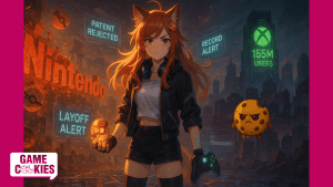 Anime-style digital painting of Kiki, a fox-eared girl with orange-red hair, standing on a cracked Poké Ball platform holding a glowing Xbox controller and a broken Poké Ball. She’s surrounded by floating holograms reading “Patent Rejected,” “Layoff Alert,” and “Record Profits.” On her left, a collapsing red Nintendo logo; on her right, a glowing green Xbox tower. A distant city skyline fades behind her. Chip, her floating cookie companion with stubby arms and a bite mark, hovers beside her, reflecting the scene’s light.