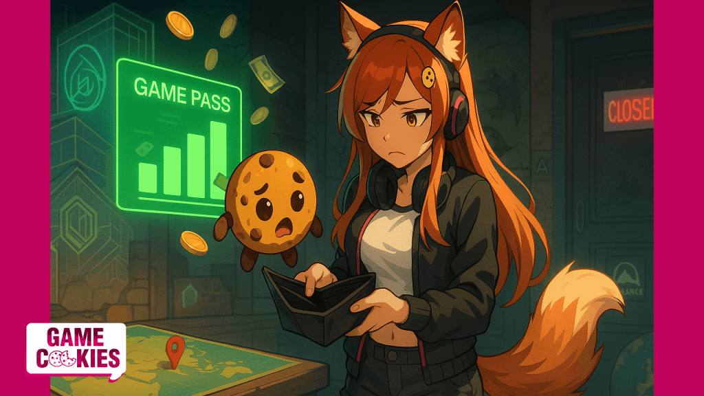 Anime-style illustration of Kiki, a fox-eared gamer girl, holding an open empty wallet while looking frustrated. Beside her floats Chip, a shocked cookie character. In the background, glowing Xbox Game Pass graphics, flying coins, a Ubisoft blueprint, a BioWare mural, an Avalanche studio door marked “Closed,” and a Nintendo Singapore map symbolize recent gaming industry news.