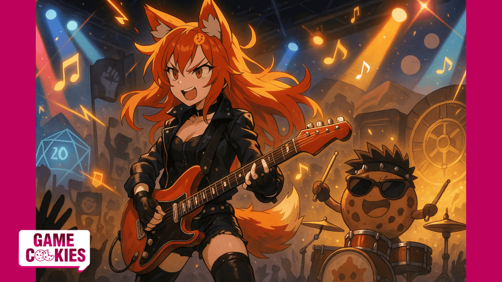Anime-style illustration of Kiki and Chip performing in a rock band, with symbolic background elements referencing ZA/UM union, PAYDAY, Dune, and Wizards of the Coast.