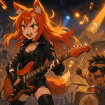 Anime-style illustration of Kiki and Chip performing in a rock band, with symbolic background elements referencing ZA/UM union, PAYDAY, Dune, and Wizards of the Coast.