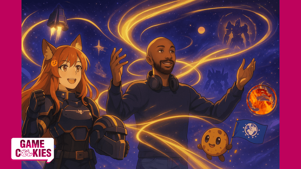 Anime-style illustration of composer Wilbert Roget II conducting golden cosmic energy ribbons that connect different gaming universes, alongside Kiki in detailed Helldivers 2 armor holding her helmet, and Chip the cookie mascot waving the Super Earth flag.