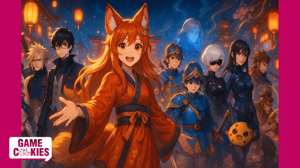 Kiki & Chip explore iconic Japanese game worlds while Kiki wears traditional Eastern clothing and interacts with characters inspired by Final Fantasy, Persona, Metal Gear, and Elden Ring in a colorful anime-style scene.