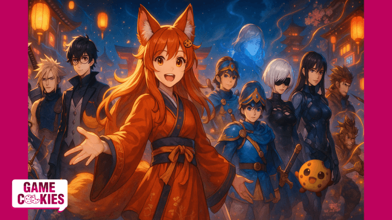 Kiki & Chip explore iconic Japanese game worlds while Kiki wears traditional Eastern clothing and interacts with characters inspired by Final Fantasy, Persona, Metal Gear, and Elden Ring in a colorful anime-style scene.