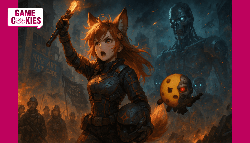 Anime-style digital painting of Kiki, the Game Cookies fox-girl mascot, leading a human rebellion in a futuristic war zone against Terminator-like machines. She wields a glowing tech staff and stands amid fire and smoke, surrounded by rebels. Chip, her floating cookie sidekick, appears with half his face revealing a metallic Terminator eye.