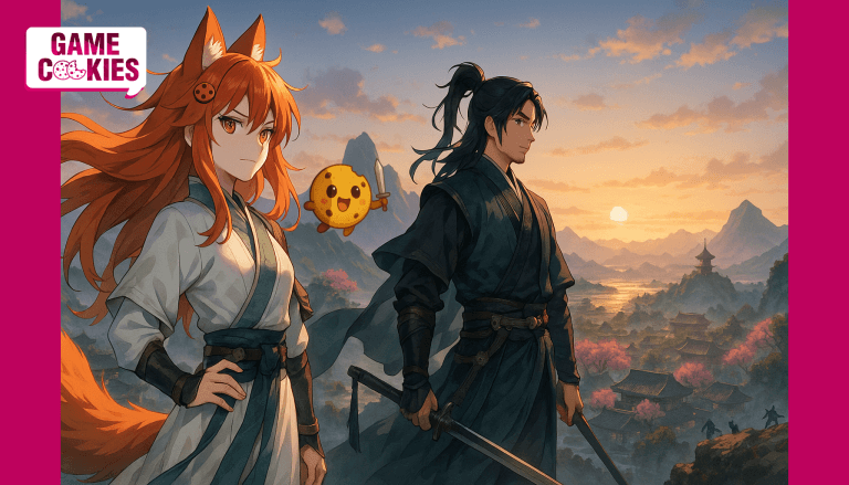 An anime-style landscape illustration of Kiki & Chip standing alongside the protagonist of Where Winds Meet. Kiki appears in a jade and white wuxia outfit, with her long orange-red hair, fox ears, fluffy tail, and cookie hairpin. She stands on a cliff at sunset beside the game’s swordsman hero. Chip floats near her shoulder with his round cookie body and glossy dark eyes. Behind them stretch misty mountains, cherry blossoms, ancient rooftops, and a glowing river valley.