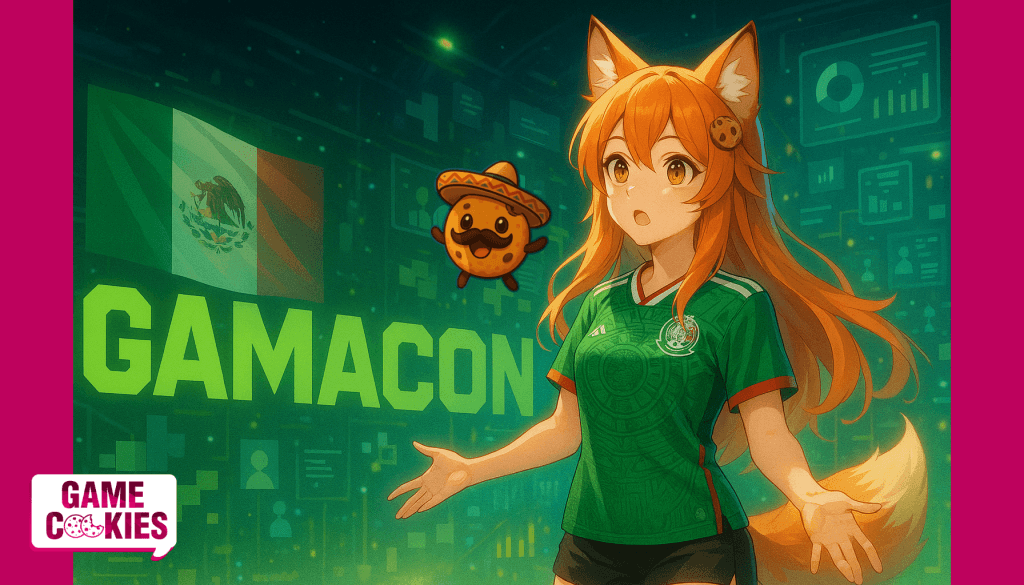 Anime-style illustration of Kiki and Chip from Game Cookies, with Kiki wearing the Mexican national soccer jersey inside a digital holographic environment featuring the Mexican flag and the Gamacon logo.