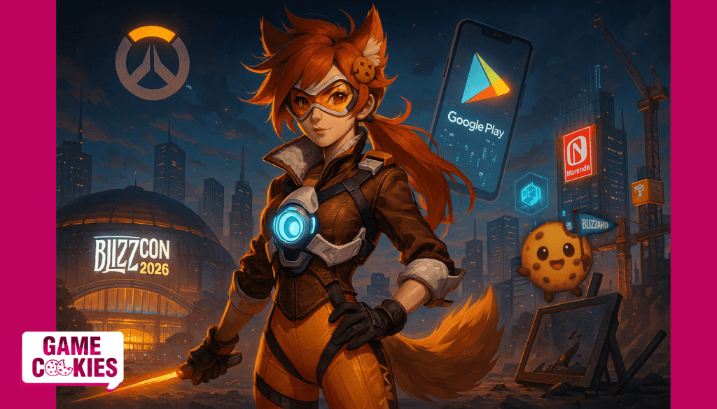 Anime-style digital painting of Kiki, the Game Cookies fox-girl mascot, wearing Tracer’s Overwatch outfit in a futuristic city inspired by gaming news. She holds a glowing stylus while standing between symbols of BlizzCon, Google Play, Unity, and Nintendo. Chip, the floating cookie mascot, waves a small Blizzard flag beside her.