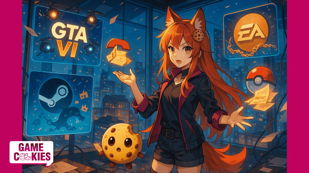 Anime-style digital painting of Kiki, a fox-girl journalist with long orange-red hair, fox ears, and a fluffy tail, standing confidently in a futuristic newsroom filled with floating holographic screens showing video game news. She wears a stylish modern outfit inspired by Game Cookies’ visual identity, lit with warm orange and cool blue tones. The background hints at multiple gaming universes and corporate drama. Space is left on one side for Chip, the floating cookie mascot.